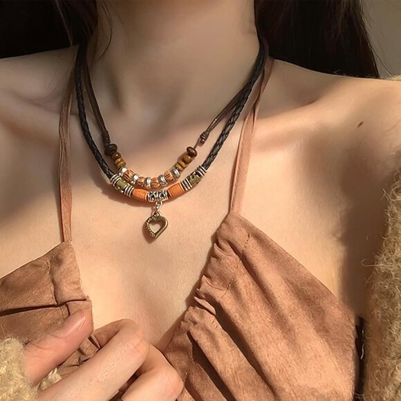 Western Layered Boho Wood Beads Choker Necklace Luck Copper Coins Heart Shaped F - Picture 6 of 7